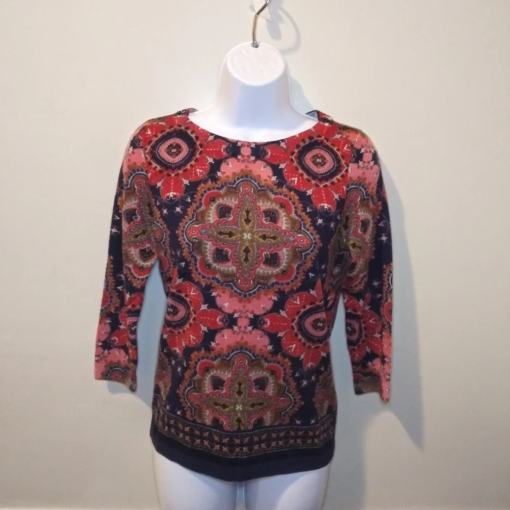 LAST CHANCE-Talbots Pink-Multi Morrocan Tile Patterned Merino Wool Sweater - Picture 1 of 8